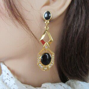 Avon faux onyx & clear rhinestone dangling pierced earrings - Victorian Revival